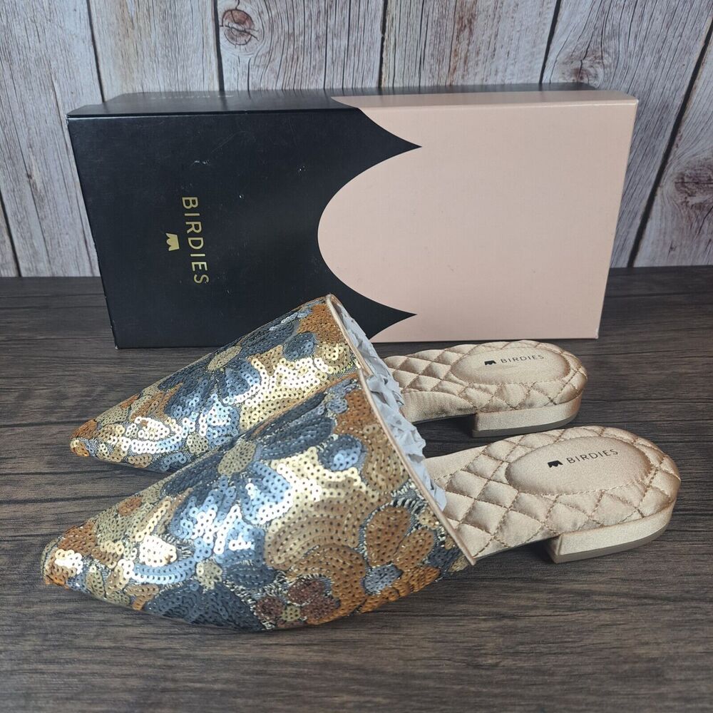 BIRDIES The Dove Gold Petal Sequin Floral Slip On Mule Women's Sz 8.5 (NIB)